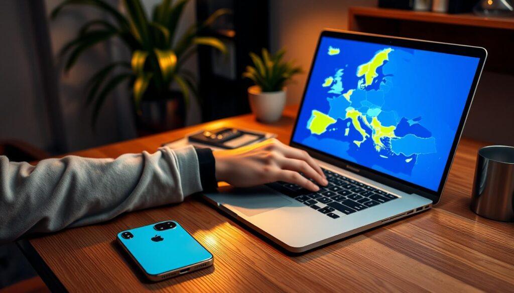 A cozy home office with an iPhone 16 Pro Max on a wooden desk, surrounded by a sleek MacBook Pro, a cup of coffee, and a plant. The freelancer, dressed in casual attire, is focused on their laptop, a map of the European Union glowing on the screen. Soft, warm lighting casts a serene atmosphere, reflecting the diligence and global reach of the freelance work. The scene conveys the professionalism and flexibility of a freelancer operating within the EU market.