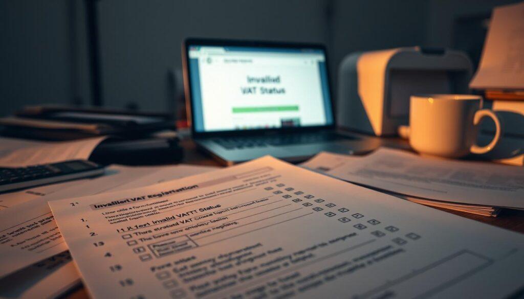 A dimly lit office desk, cluttered with tax documents and receipts, casts a warm glow under the soft, natural lighting of an iPhone 16 Pro Max. In the foreground, a VAT registration form lies open, its fields filled with errors and question marks, symbolizing the common pitfalls businesses face when navigating the complex world of value-added tax. The middle ground features a laptop screen displaying a web page with an "Invalid VAT Status" message, highlighting the consequences of these mistakes. In the background, a partially obscured calculator and a mug of coffee add a sense of the mundane yet crucial nature of these financial tasks. The overall atmosphere conveys the frustration and uncertainty associated with VAT registration challenges.