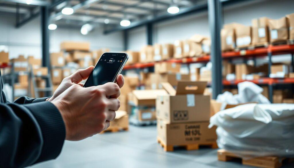A modern, high-quality photography shot by an iPhone 16 Pro Max depicting the process of dropshipping. In the foreground, a person's hands interact with a smartphone, navigating an e-commerce platform. The middle ground shows product packaging being prepared for shipment, with a focus on efficiency and attention to detail. In the background, a warehouse-like setting with shelves, shipping supplies, and a sense of organized logistics. The lighting is bright and natural, accentuating the clean, professional atmosphere. The overall mood is one of streamlined, technology-driven commerce, highlighting the convenience and effectiveness of the dropshipping model.