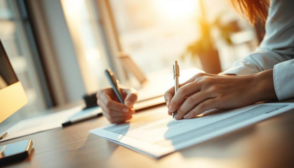 A professional office scene depicting a businessperson meticulously handwriting an invoice on a desktop. The lighting is warm and natural, cast from a large window to the left, illuminating the desk and papers. The angle is slightly elevated, capturing the scene from a slightly overhead perspective. The background is blurred, suggesting a modern, minimalist office setting. The focus is on the person's hands carefully drafting the invoice, conveying a sense of anticipation and preparation before VAT registration.