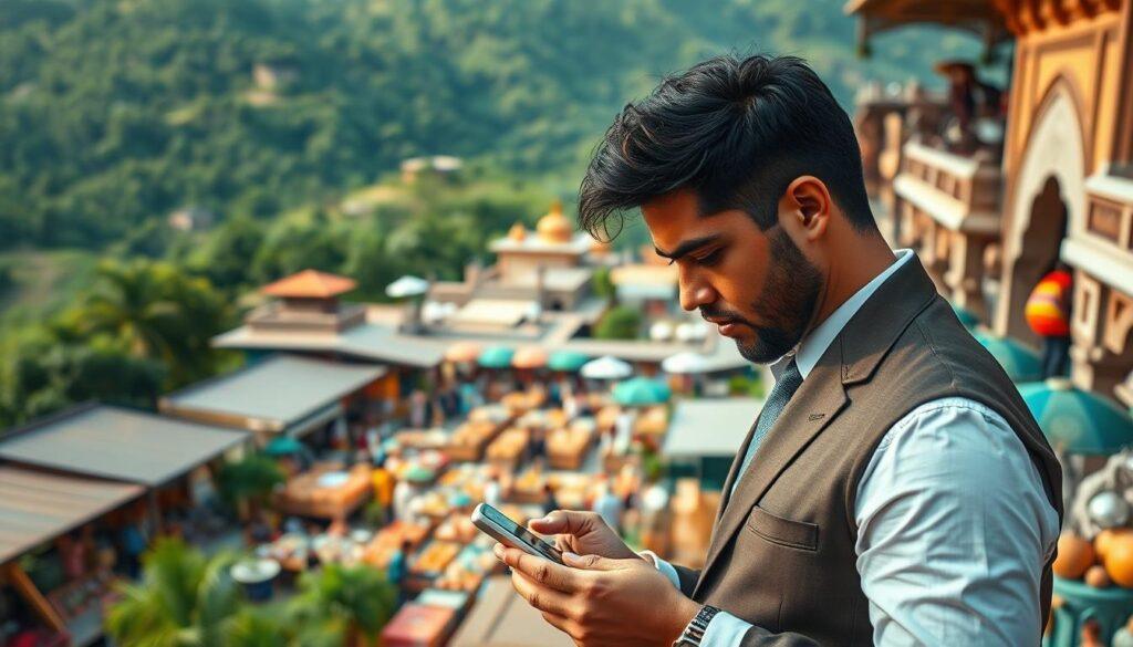 Expansive outdoor scene captured on iPhone 16 Pro Max, showcasing the benefits of international dropshipping. Lush, verdant landscape in the background, with a bustling marketplace in the middle ground filled with vibrant, diverse products. In the foreground, a well-dressed, prosperous-looking individual examines an item, conveying the financial advantages of tapping into global markets. Warm, natural lighting illuminates the scene, creating a sense of opportunity and prosperity. Emphasis on the international nature of the setting, with architectural and cultural elements hinting at the global reach of dropshipping.