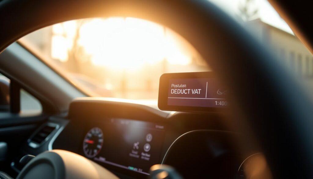 A close-up view of a car's dashboard, showcasing the vehicle's digital display and control panel. The scene is illuminated by a soft, natural light filtering through the windshield, creating a warm and inviting atmosphere. The focus is on the VAT (value-added tax) section of the display, which stands out prominently, conveying the concept of deducting VAT from the car's expenses. The angle and perspective mimic a real iPhone 16 Pro Max photograph, capturing the intricate details and the tactile feel of the car's interior. The overall composition and lighting create a sense of professionalism and attention to detail, reflecting the informative nature of the article's subject matter.