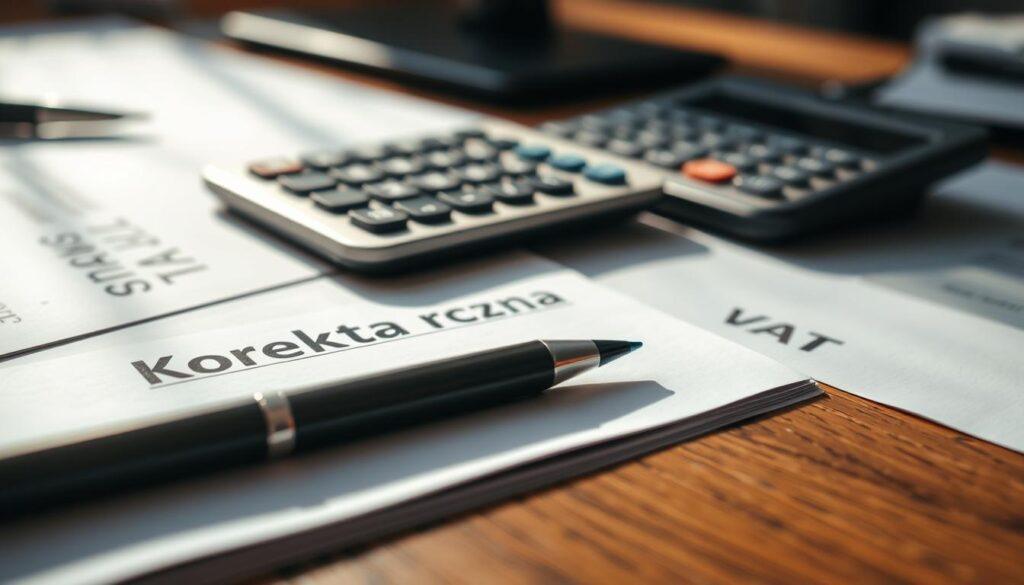 A close-up view of an accountant's desk, neatly organized with a calculator, pen, and documents labeled "Korekta roczna VAT". The lighting is soft and natural, casting subtle shadows that accentuate the textures of the materials. The focus is sharp on the key elements, while the background is slightly blurred, creating a sense of depth and drawing the viewer's attention to the subject. The overall mood is one of professionalism and attention to detail, reflecting the importance of the annual VAT correction process for entrepreneurs.