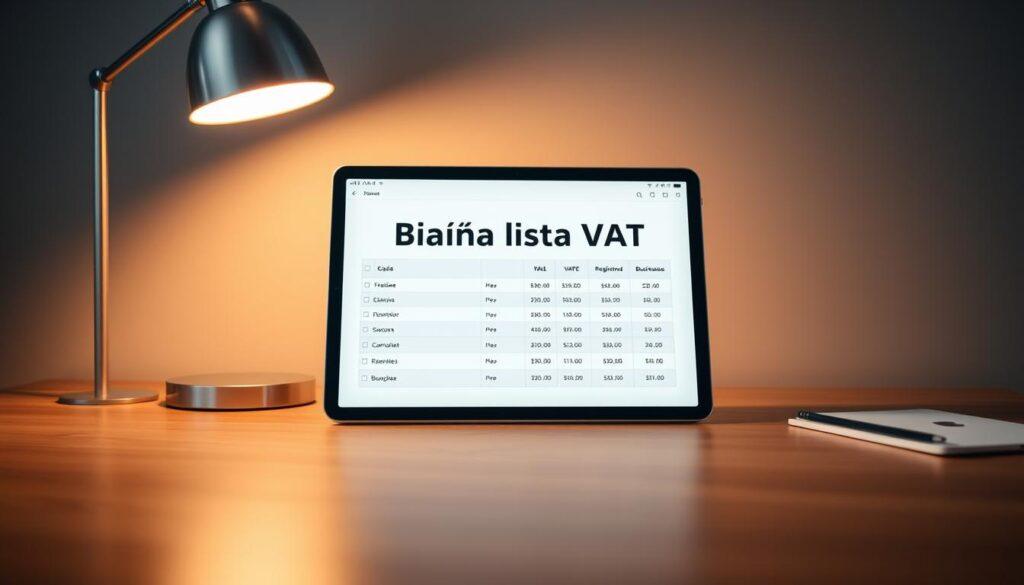 A sleek, modern desktop scene with an iPad Pro displaying the "Biała lista VAT" interface. Soft, warm lighting illuminates the scene, creating a professional and authoritative atmosphere. The iPad's screen shows a clean, minimalist design with a large "Biała lista VAT" headline and a table of VAT-registered businesses. The table is easily readable, with crisp, high-resolution details. The desk surface is made of polished wood, and a stylish desk lamp casts a gentle glow over the setup. The background is blurred, placing the focus entirely on the informative display. The overall impression is one of trust, transparency, and efficiency in tax compliance.