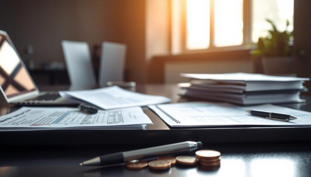 A sleek, modern office desk with various financial documents, ledgers, and a laptop computer. The desk is illuminated by a warm, diffused light from a large window behind it, casting soft shadows across the surface. In the foreground, a pen and some coins are neatly arranged, hinting at the process of calculating and recording changes in taxation. The background is blurred, conveying a sense of focus and concentration on the task at hand. The overall mood is one of professional organization and attention to detail, reflecting the careful consideration required when changing one's form of taxation.