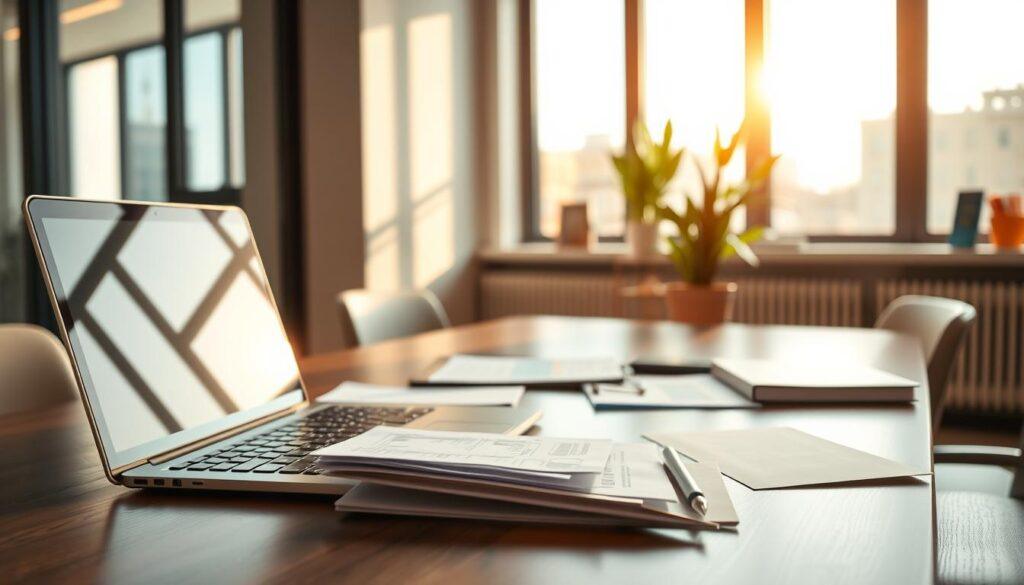 A corporate office desk with a laptop, pen, and documents scattered across it, illuminated by warm, natural light filtering through large windows. The background features minimalist decor and a potted plant, creating a serene, professional atmosphere. The overall scene conveys the idea of "less obvious expenses" that contribute to the day-to-day operations of a business, captured through a realistic, high-quality iPhone 16 Pro Max photograph. A corporate office desk with a laptop, pen, and documents scattered across it, illuminated by warm, natural light filtering through large windows. The background features minimalist decor and a potted plant, creating a serene, professional atmosphere. The overall scene conveys the idea of "less obvious expenses" that contribute to the day-to-day operations of a business, captured through a realistic, high-quality iPhone 16 Pro Max photograph.