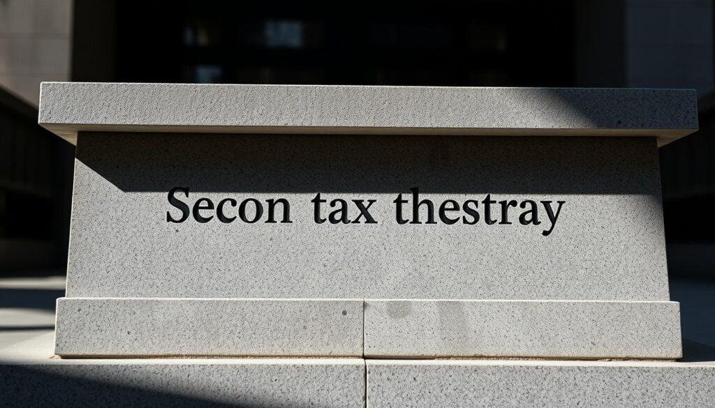 A detailed, high-resolution photograph of a tax threshold or bracket represented as a three-dimensional architectural structure, shot with an iPhone 16 Pro Max. The structure is made of stone or concrete, with a prominent horizontal line or ledge representing the "second tax threshold". The lighting is natural and moody, creating shadows and highlights that emphasize the solidity and weight of the structure. The background is slightly blurred, but suggests an urban or business setting, conveying the idea of a financial or economic context. The overall mood is one of seriousness and importance, reflecting the significance of this tax milestone.