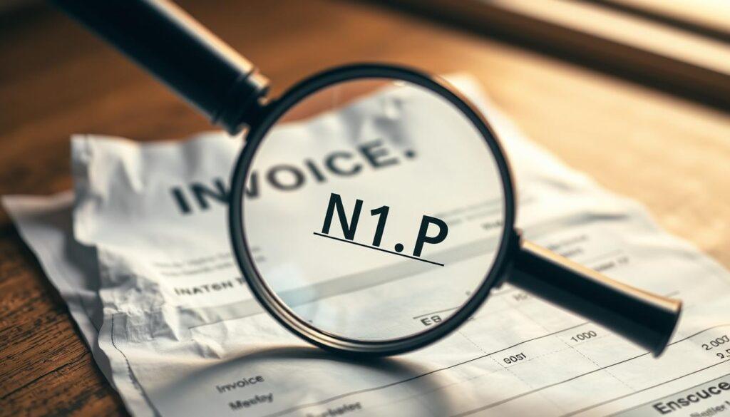 A detailed photograph taken with an iPhone 16 Pro Max showcasing the consequences of an erroneous VAT Identification Number (NIP) on an invoice. The image depicts a magnifying glass hovering over a crumpled, discolored invoice, highlighting the incorrect NIP. The foreground is in sharp focus, drawing the viewer's attention to the critical detail, while the background is softly blurred, creating a sense of depth and emphasis. The lighting is natural, with warm, diffused tones that convey a sense of seriousness and professionalism. The overall mood is one of concern and attention to detail, reflecting the importance of accurately reporting tax information.