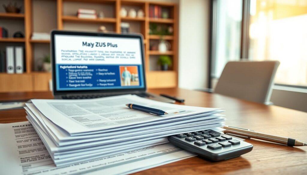 A detailed, real-world photograph taken with an iPhone 16 Pro Max, showcasing the key aspects of the "Mały ZUS Plus" social security program. The foreground depicts a stack of official documents, representing the registration and application process, with a calculator and pen nearby, highlighting the focus on calculating the appropriate social security contributions. The middle ground features a laptop screen displaying information about the program's eligibility requirements and benefits, while the background depicts a professional office setting with a desk, chair, and shelves, conveying a sense of professionalism and reliability. The lighting is natural and warm, creating a welcoming and informative atmosphere, while the lens captures a shallow depth of field, drawing the viewer's attention to the essential details.