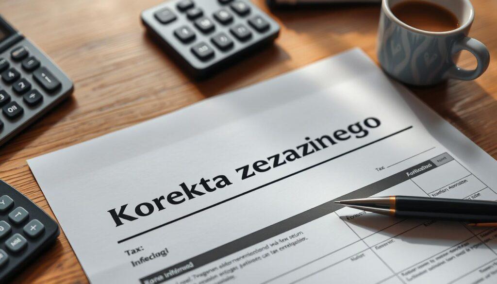 A detailed, well-lit photograph of a tax form titled "Korekta Zeznania Rocznego" (Annual Tax Return Correction) lying on a wooden desk. The form is surrounded by various office supplies such as a pen, calculator, and a cup of coffee. The lighting is warm and natural, creating a professional and organized atmosphere. The image is shot from a slightly elevated angle, capturing the full form and the surrounding items in focus. The overall mood conveys the seriousness and importance of the tax correction process. A detailed, well-lit photograph of a tax form titled "Korekta Zeznania Rocznego" (Annual Tax Return Correction) lying on a wooden desk. The form is surrounded by various office supplies such as a pen, calculator, and a cup of coffee. The lighting is warm and natural, creating a professional and organized atmosphere. The image is shot from a slightly elevated angle, capturing the full form and the surrounding items in focus. The overall mood conveys the seriousness and importance of the tax correction process.