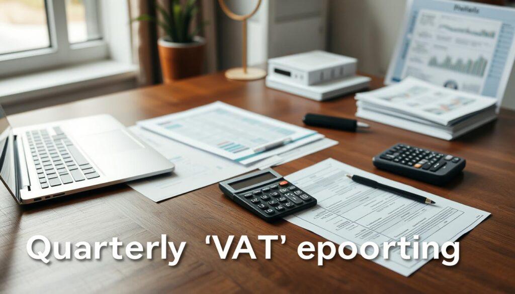A high-quality photograph of a modern office desk, with a laptop, calculator, and various financial documents neatly organized. The lighting is soft and natural, capturing the details of the desk and its contents in vivid clarity. The angle is slightly elevated, providing a clear view of the workspace. The overall mood is professional and organized, reflecting the subject of quarterly VAT reporting. The image should convey a sense of efficiency and attention to detail, without any distracting elements or text overlays.
