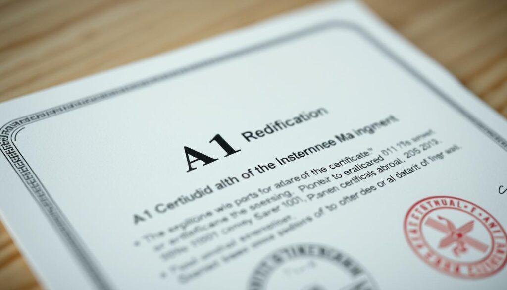 A high-resolution photographic image depicting the definition of the A1 certificate, a crucial document required for providing services abroad. The scene showcases a close-up view of the certificate, with a crisp, well-lit, and detailed representation of the text and official seals. The background is a soft, out-of-focus blur, allowing the certificate to be the focal point. The image is captured with an iPhone 16 Pro Max, showcasing its exceptional camera capabilities, and reflecting the professional, technical, and authoritative nature of the A1 certificate.