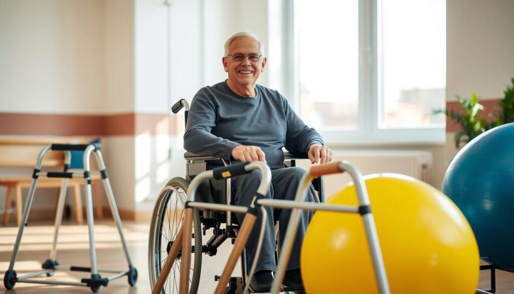 A middle-aged person in a wheelchair, their face expressing hope and determination, sits in a bright, spacious room with natural light streaming in through large windows. The walls are adorned with soothing, earthy tones, creating a calming, therapeutic atmosphere. In the foreground, a variety of medical and rehabilitation equipment, such as walkers and exercise balls, are neatly arranged, suggesting the availability of resources to support the individual's recovery. The overall scene conveys a sense of inclusivity, empowerment, and the importance of accessible, compassionate healthcare.