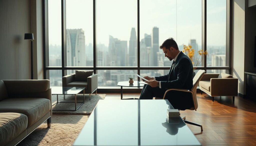 A modern apartment interior, with a large window overlooking a bustling city skyline. Soft natural light filters in, casting a warm glow on the sleek, minimalist furnishings. In the center, a well-dressed professional sits at a stylish desk, engrossed in paperwork, representing the leasing of this private residence to a corporate tenant. The atmosphere conveys a sense of professionalism, legality, and the seamless integration of residential and commercial spaces. The composition emphasizes the harmony between the personal and the professional, reflecting the nuances of this real estate transaction captured through the lens of an iPhone 16 Pro Max. A modern apartment interior, with a large window overlooking a bustling city skyline. Soft natural light filters in, casting a warm glow on the sleek, minimalist furnishings. In the center, a well-dressed professional sits at a stylish desk, engrossed in paperwork, representing the leasing of this private residence to a corporate tenant. The atmosphere conveys a sense of professionalism, legality, and the seamless integration of residential and commercial spaces. The composition emphasizes the harmony between the personal and the professional, reflecting the nuances of this real estate transaction captured through the lens of an iPhone 16 Pro Max.
