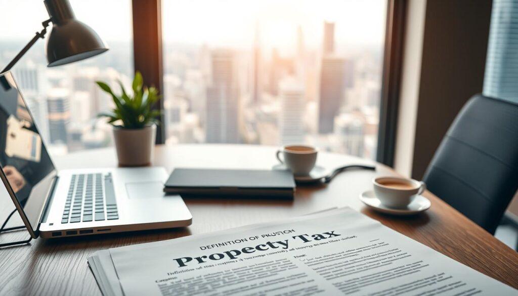 A modern office setting with a sleek wooden desk, a laptop, and a stylish lamp. In the foreground, an official-looking document titled "Definition of Property Tax" lies open, revealing detailed legal text. The middle ground features a potted plant and a cup of coffee, hinting at a professional, yet cozy atmosphere. The background showcases a large window overlooking a bustling city skyline, bathed in warm, natural lighting. The overall scene conveys a sense of authority, precision, and the importance of understanding the intricacies of property taxation for a successful business.