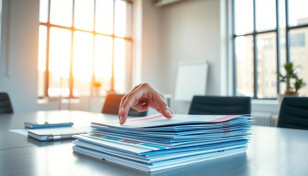 A modern office space with clean, minimalist design. On the desk, a stack of colorful vouchers and business documents. Bright natural light filters in through large windows, casting a warm glow over the scene. A corporate executive's hand hovers over the documents, pondering the guidelines and regulations surrounding the use of these vouchers. The mood is one of professionalism and thoughtful consideration of the legal and financial implications. The image captures the essence of the section title, "Jakie są podstawowe zasady dotyczące voucherów w polskim prawie?", without any distracting textual elements. A modern office space with clean, minimalist design. On the desk, a stack of colorful vouchers and business documents. Bright natural light filters in through large windows, casting a warm glow over the scene. A corporate executive's hand hovers over the documents, pondering the guidelines and regulations surrounding the use of these vouchers. The mood is one of professionalism and thoughtful consideration of the legal and financial implications. The image captures the essence of the section title, "Jakie są podstawowe zasady dotyczące voucherów w polskim prawie?", without any distracting textual elements.
