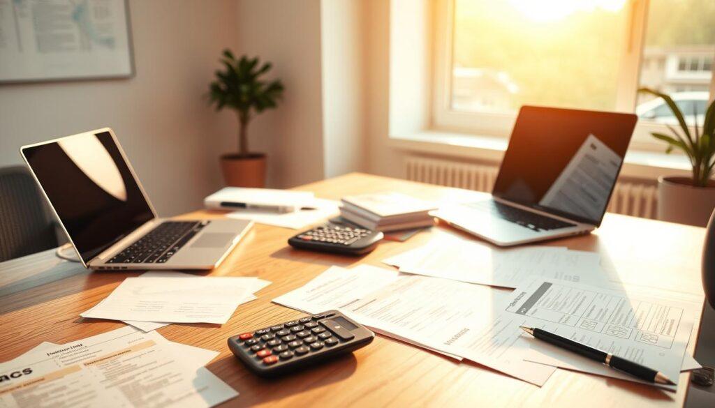 A modern office workspace with a laptop, calculator, and scattered documents on a clean, minimalist wooden desk, illuminated by warm, natural lighting from a large window. The scene conveys a sense of organization and efficiency, hinting at the intricacies of the "cash method" tax filing process. The image should be captured with a high-quality camera lens, showcasing the details and textures of the materials and creating a sense of depth and balance. The overall tone should be professional, informative, and visually appealing, reflecting the subject matter of the article section.