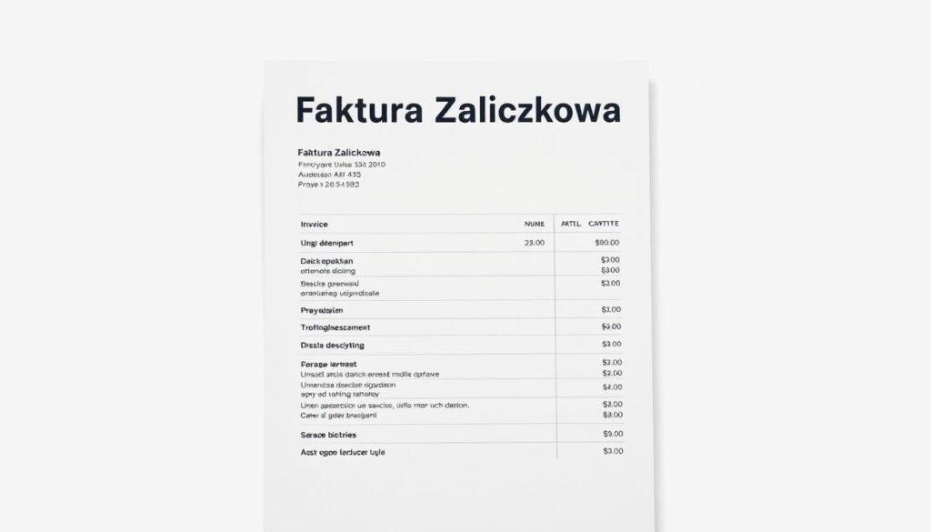 A professional-looking invoice document with a modern, minimalist design against a clean, slightly textured white background. The invoice header prominently displays the term "Faktura Zaliczkowa" in a bold, sans-serif typeface. Below, detailed line items list the services or products, their descriptions, quantities, and corresponding prices. The overall layout and typography convey a sense of organization, clarity, and attention to detail. Soft shadows and subtle highlights add depth and dimensionality to the document, creating a high-quality, photographic appearance as if captured by an iPhone 16 Pro Max camera.