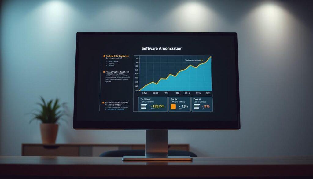 A sleek and modern computer monitor displays a visually striking graph depicting the concept of software amortization. The graph features clean lines, bold colors, and intuitive data visualizations that clearly convey the financial principles involved. The monitor is set against a minimalist, office-inspired backdrop with subtle ambient lighting that creates a professional, informative atmosphere. The entire scene has a high-quality, almost photographic feel, as if captured by a skilled iPhone 16 Pro Max photographer, reflecting the technical nature of the subject matter.