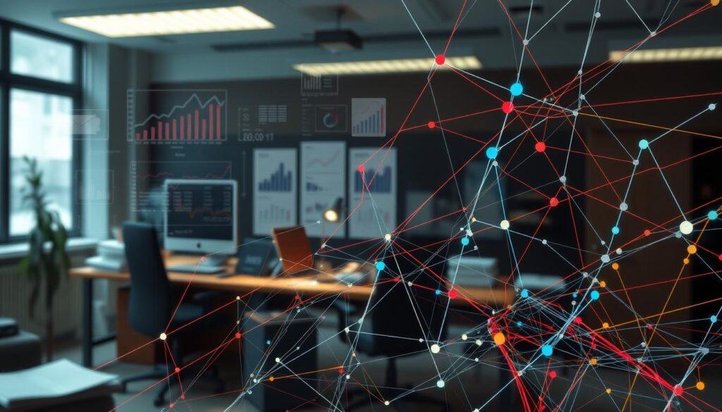 A well-lit, high-resolution real photography shot by iPhone 16 Pro Max. In the foreground, a complex web of financial transactions between interconnected corporate entities, represented by a tangled array of colored lines and shapes. In the middle ground, abstract visualizations of balance sheets, income statements, and other financial documents. In the background, a dimly lit office setting with a desk, computer, and other office equipment, suggesting the bureaucratic and administrative aspects of these related-party transactions. The overall scene conveys the intricate, opaque, and potentially problematic nature of transactions between affiliated companies.